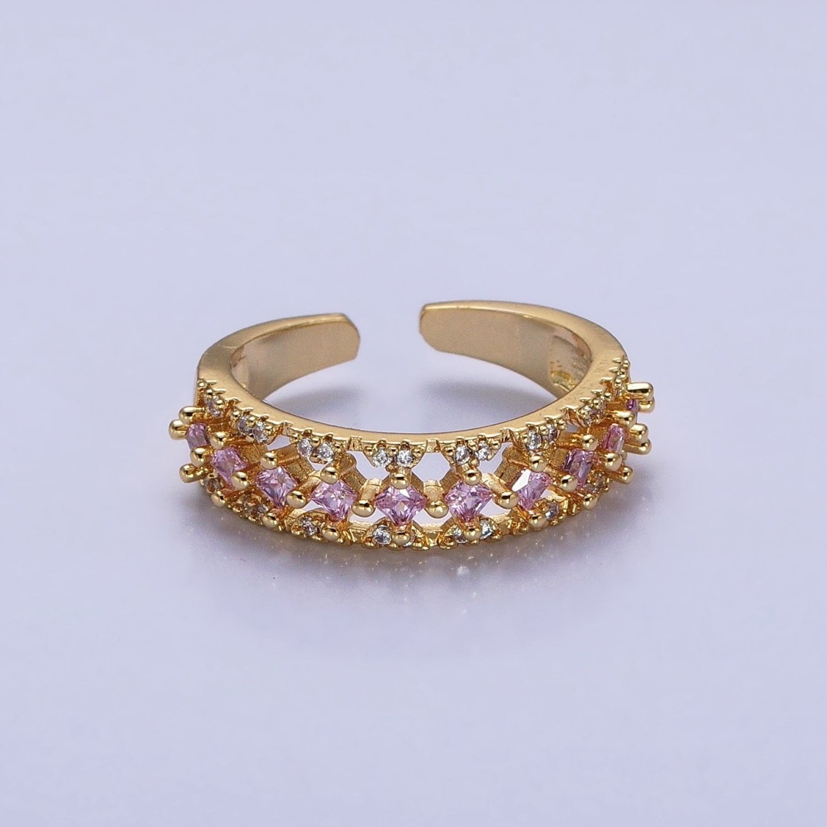 24K Gold Filled Fuchsia, Multicolor, Black, Purple, Blue, Pink, Green, Clear Rhombus CZ Micro Paved Ring in Gold & Silver | O-1517~O-1532 - DLUXCA