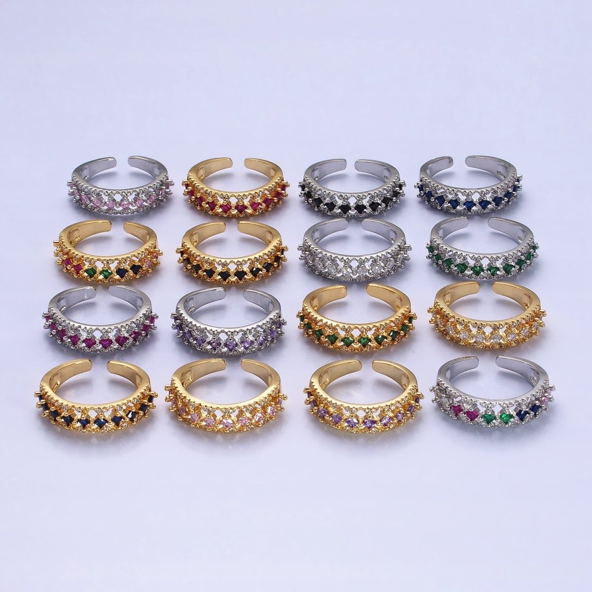 24K Gold Filled Fuchsia, Multicolor, Black, Purple, Blue, Pink, Green, Clear Rhombus CZ Micro Paved Ring in Gold & Silver | O-1517~O-1532 - DLUXCA
