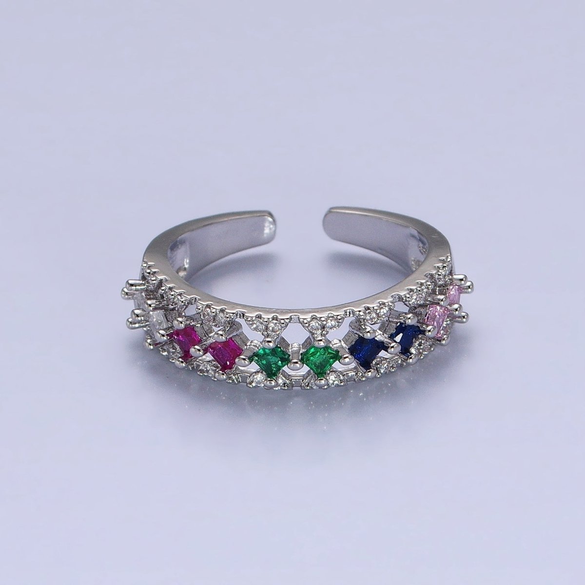 24K Gold Filled Fuchsia, Multicolor, Black, Purple, Blue, Pink, Green, Clear Rhombus CZ Micro Paved Ring in Gold & Silver | O-1517~O-1532 - DLUXCA