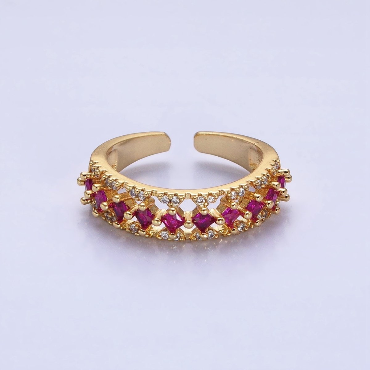 24K Gold Filled Fuchsia, Multicolor, Black, Purple, Blue, Pink, Green, Clear Rhombus CZ Micro Paved Ring in Gold & Silver | O-1517~O-1532 - DLUXCA