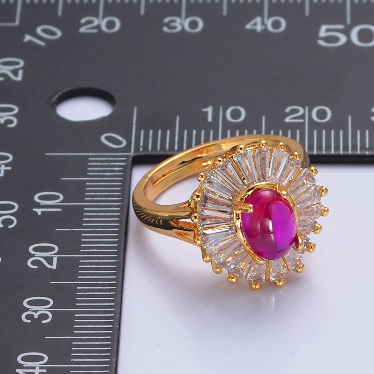 24K Gold Filled Fuchsia Pink Jade Ring, Round Baguette CZ Zirconia O-768 - DLUXCA