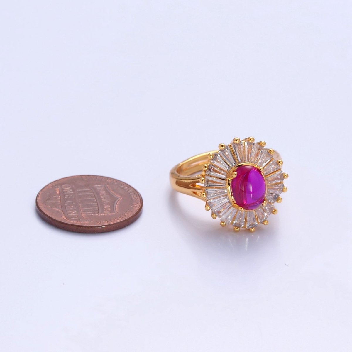 24K Gold Filled Fuchsia Pink Jade Ring, Round Baguette CZ Zirconia O-768 - DLUXCA