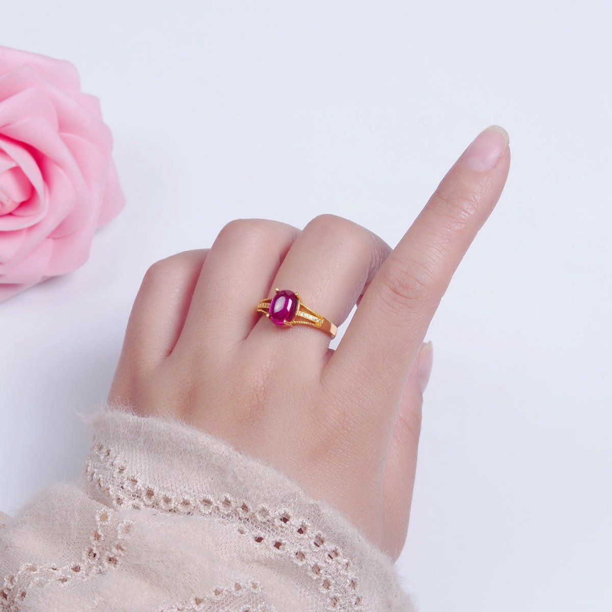 24K Gold Filled Fuchsia Pink Jade with Micro Pave CZ Band O-772 - DLUXCA