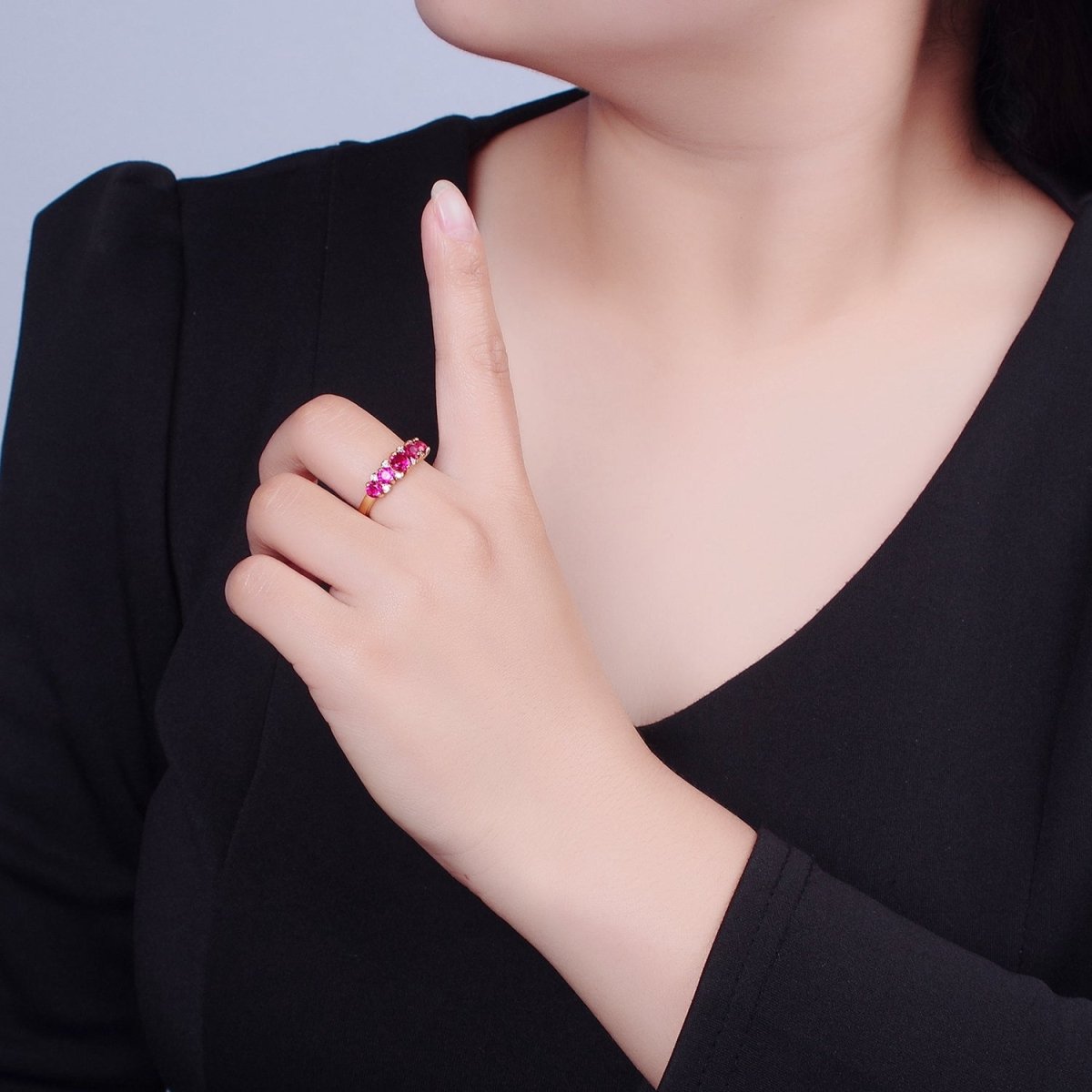 24K Gold Filled Fuchsia Pink Promise Ring, Round Cubic Zirconia CZ Ring O-2295 - DLUXCA