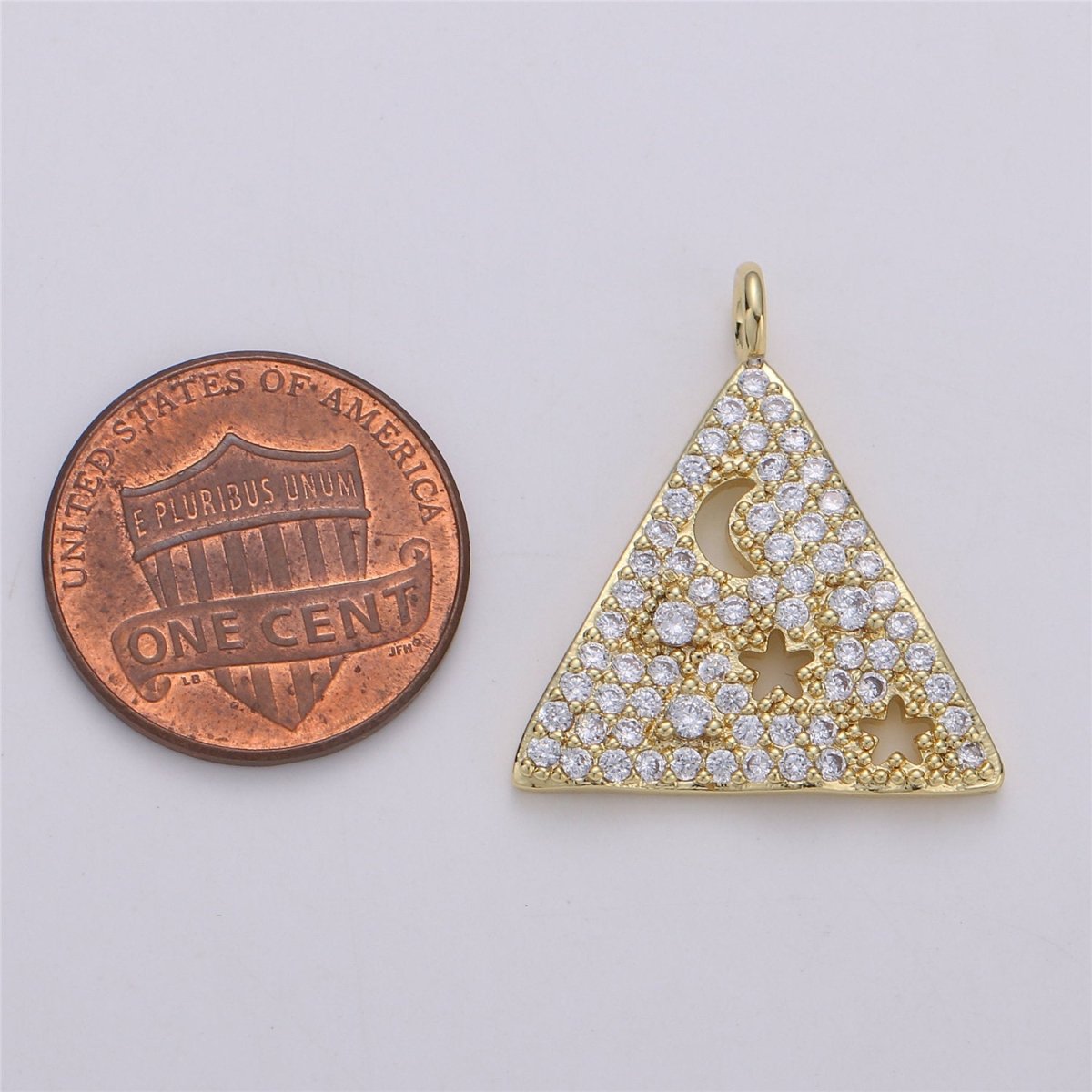24K Gold Filled Geometric Dainty Triangle Charm with Micro Pave Moon and Star Cubic Zirconia CZ Stone for Necklace Bracelet Component, C-872 - DLUXCA