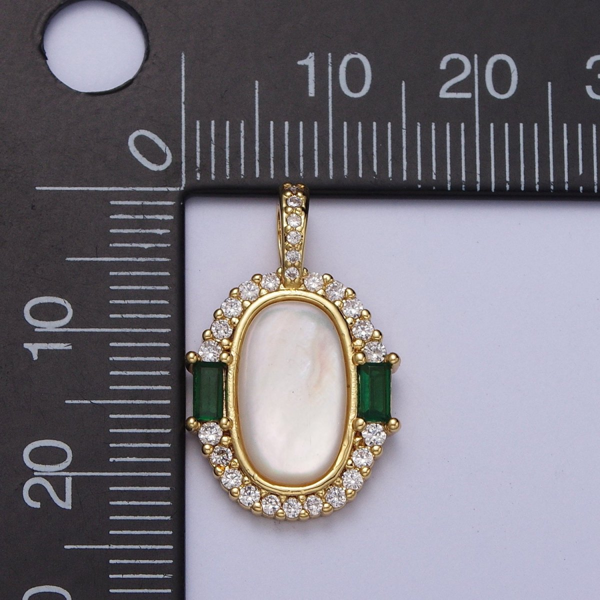 24K Gold Filled Glossy Shell Pearl Green Baguette Micro Paved CZ Pendant H-396 - DLUXCA