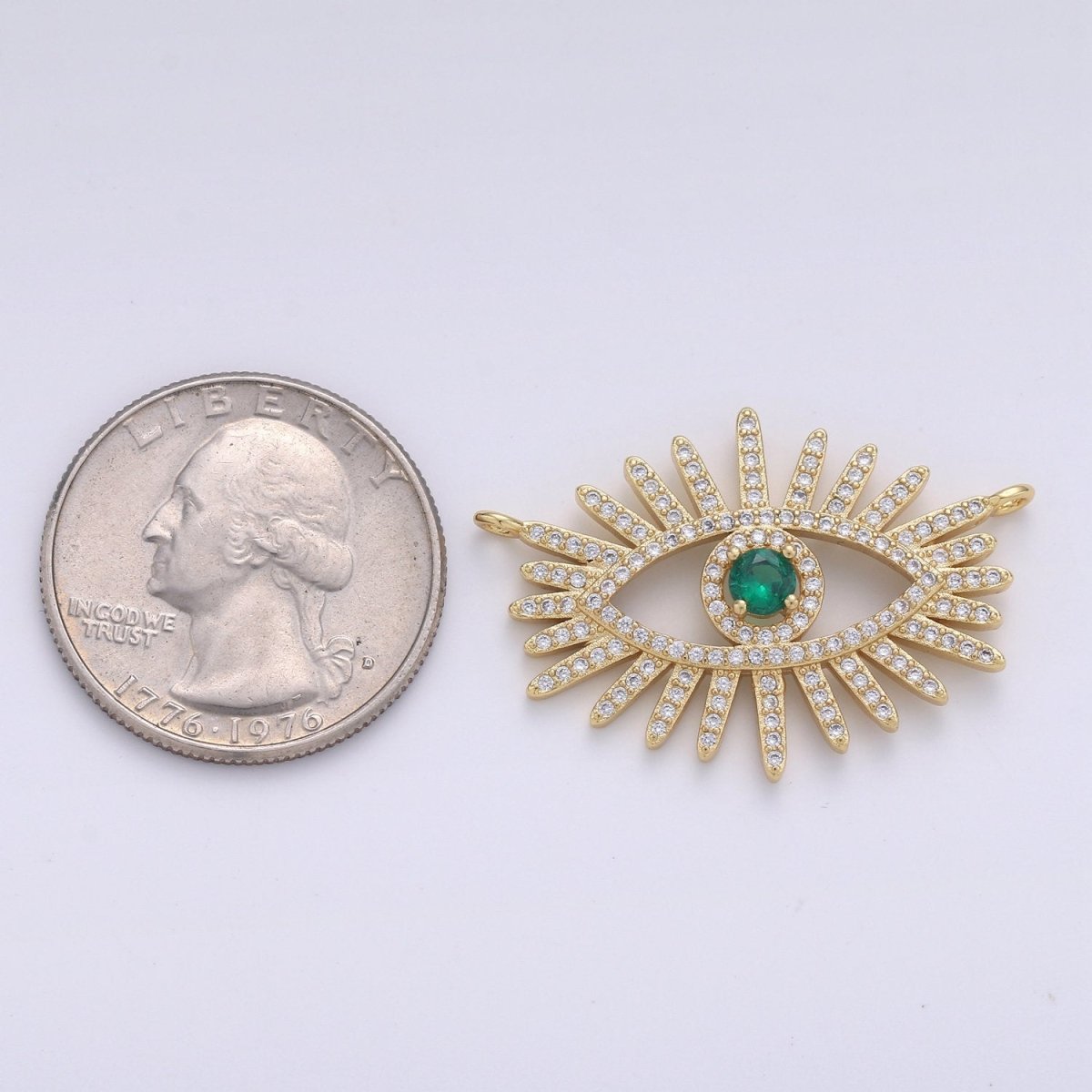 24k Gold Filled Gold Evil Eye, Micro Pave Evil Eye Charm, Green Cubic Charms, Evil Eye Pendant for Statement Necklace Component D-089 - DLUXCA