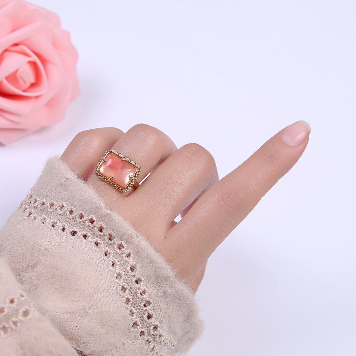 24K Gold Filled Gold Watermelon Pink Rectangular Gemstone Ring, Chunky Statement Ring | U-453 - DLUXCA