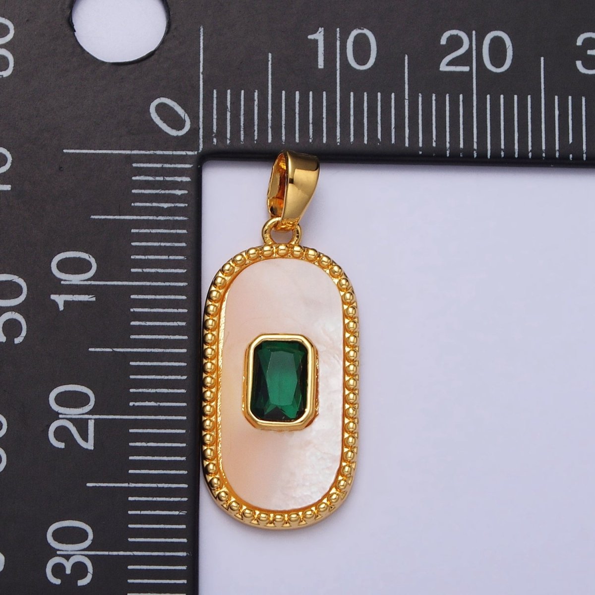 24K Gold Filled Green Baguette CZ Shell Pearl Oblong Beaded Pendant | AA111 - DLUXCA