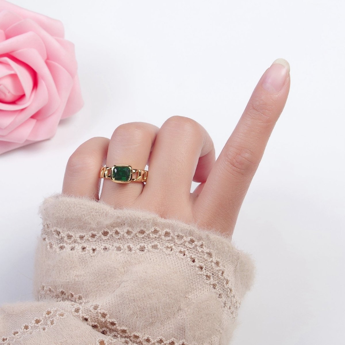 24K Gold Filled Green Baguette CZ with Chain Link Band O-2211 - DLUXCA