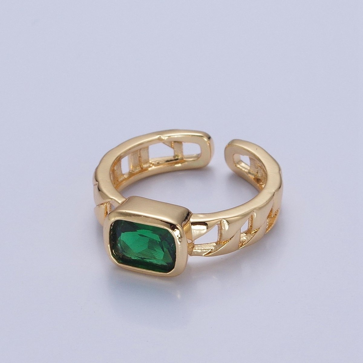 24K Gold Filled Green Baguette CZ with Chain Link Band O-2211 - DLUXCA