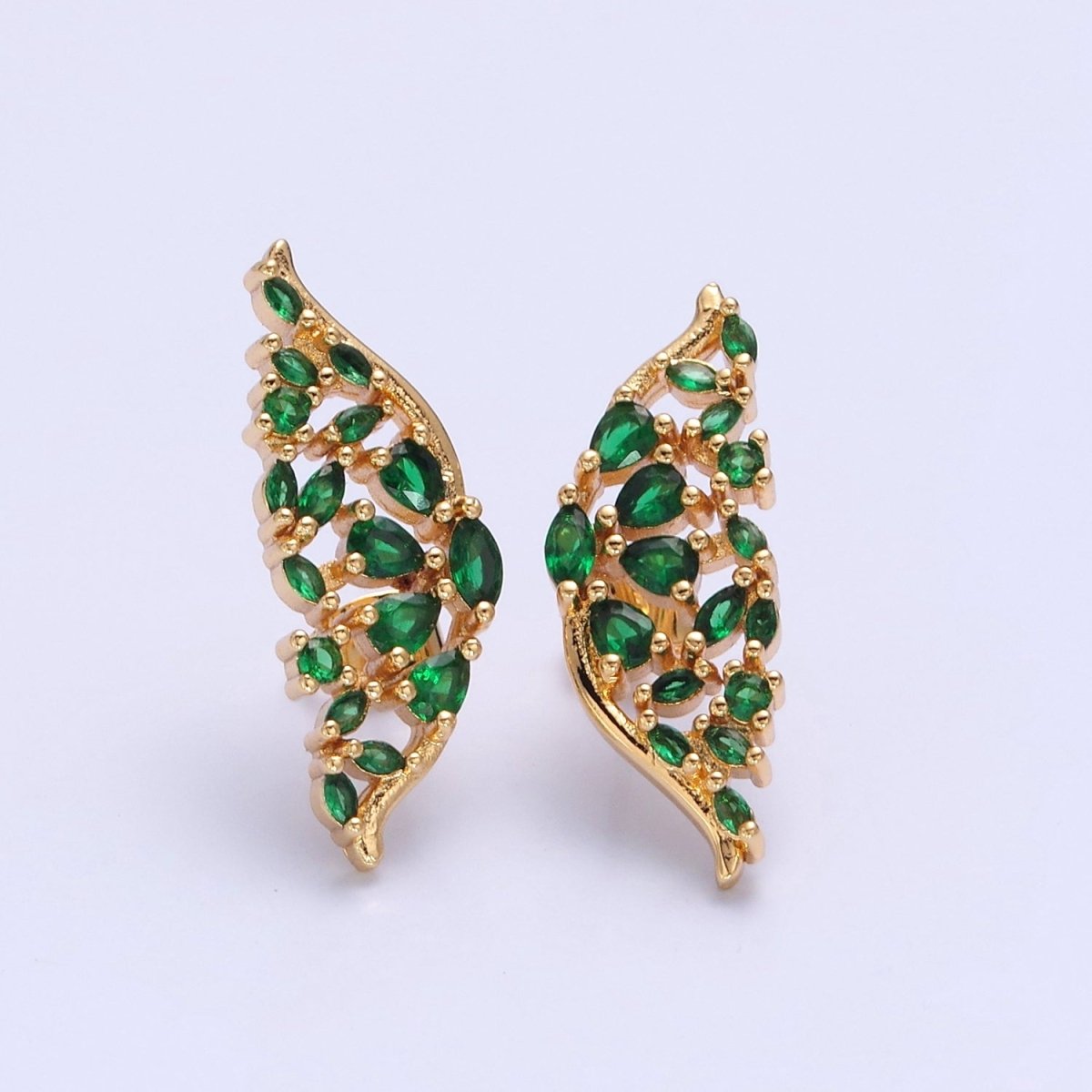 24K Gold Filled Green Butterfly Wings Studs, Micro Pave Mariposa Emerald Earrings V-446 - DLUXCA