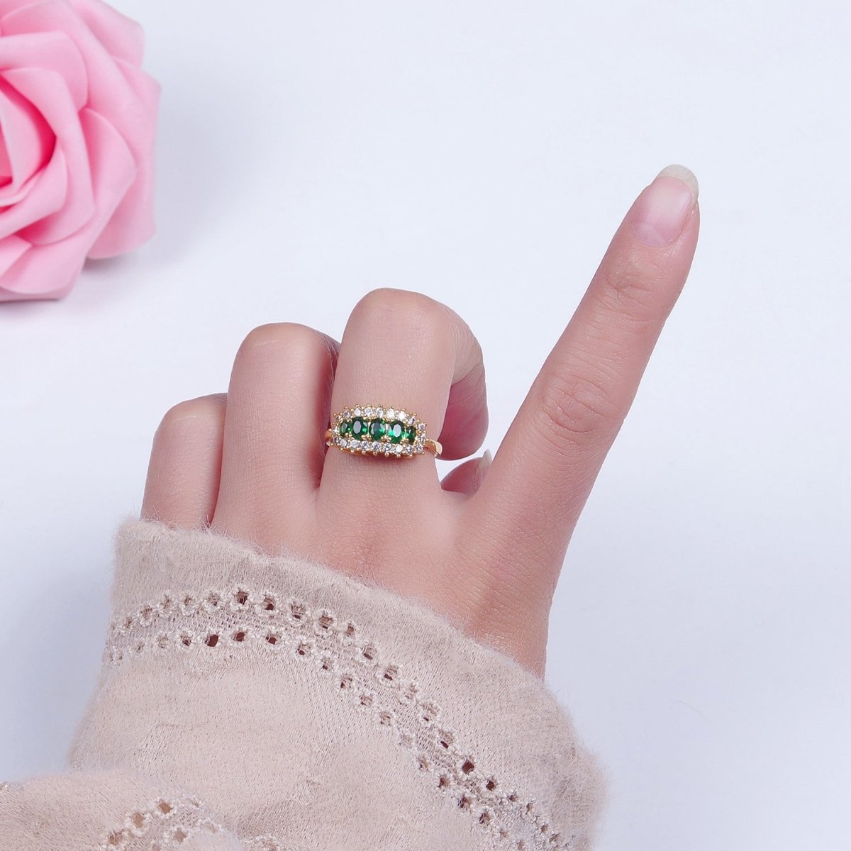 24K Gold Filled Green & Clear CZ Cubic Zirconia Ring O-2296 - DLUXCA