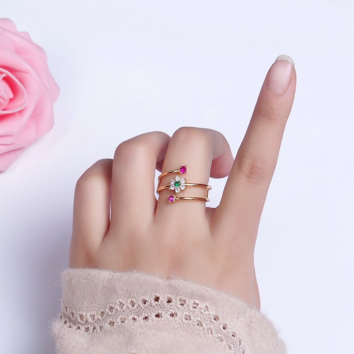 24K Gold Filled Green Clear Flower Fuchsia Round CZ Double Band Ring in Gold & Silver | O-1930 O-1931 - DLUXCA