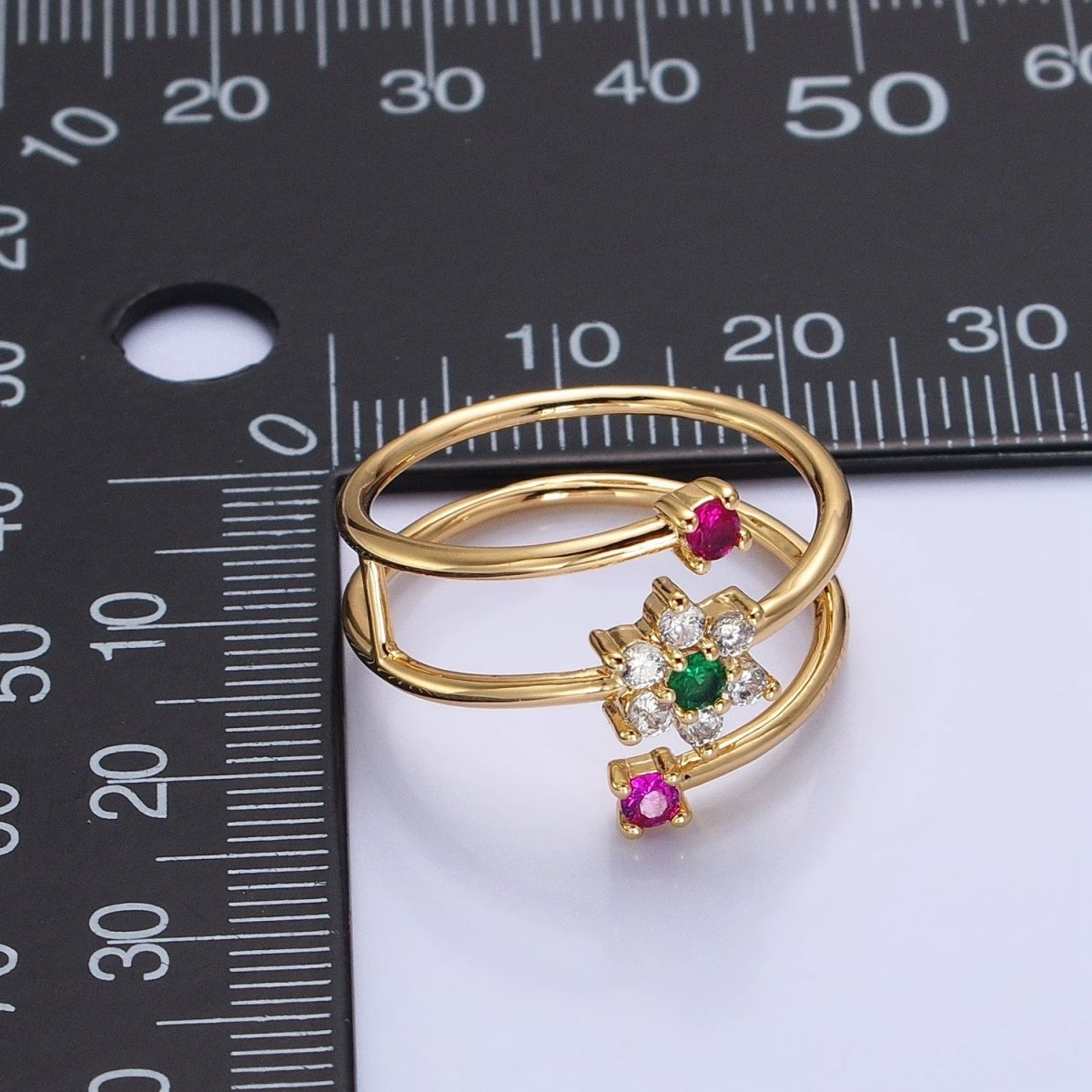 24K Gold Filled Green Clear Flower Fuchsia Round CZ Double Band Ring in Gold & Silver | O-1930 O-1931 - DLUXCA