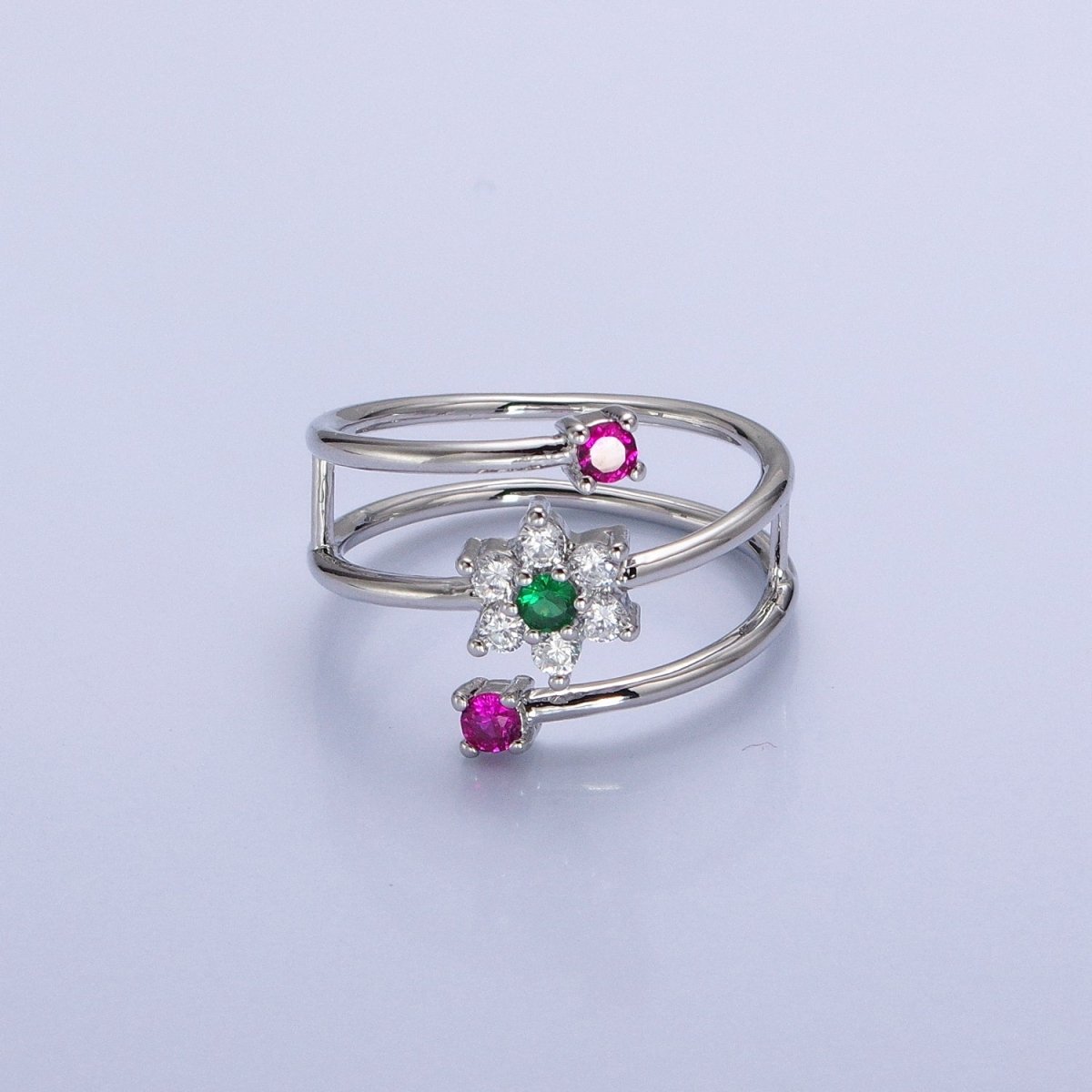 24K Gold Filled Green Clear Flower Fuchsia Round CZ Double Band Ring in Gold & Silver | O-1930 O-1931 - DLUXCA