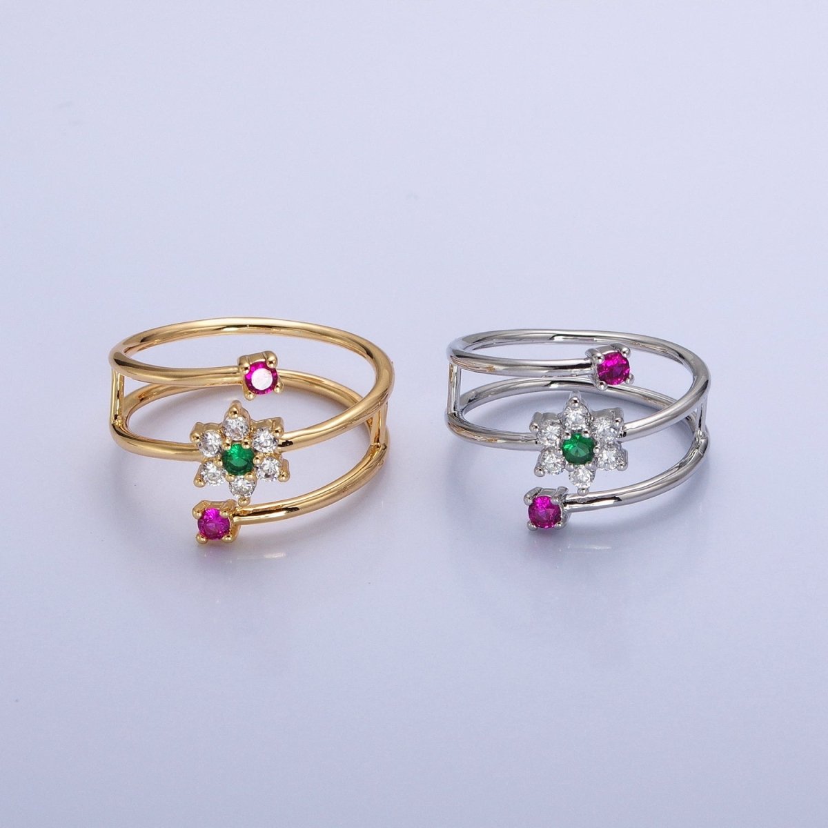 24K Gold Filled Green Clear Flower Fuchsia Round CZ Double Band Ring in Gold & Silver | O-1930 O-1931 - DLUXCA