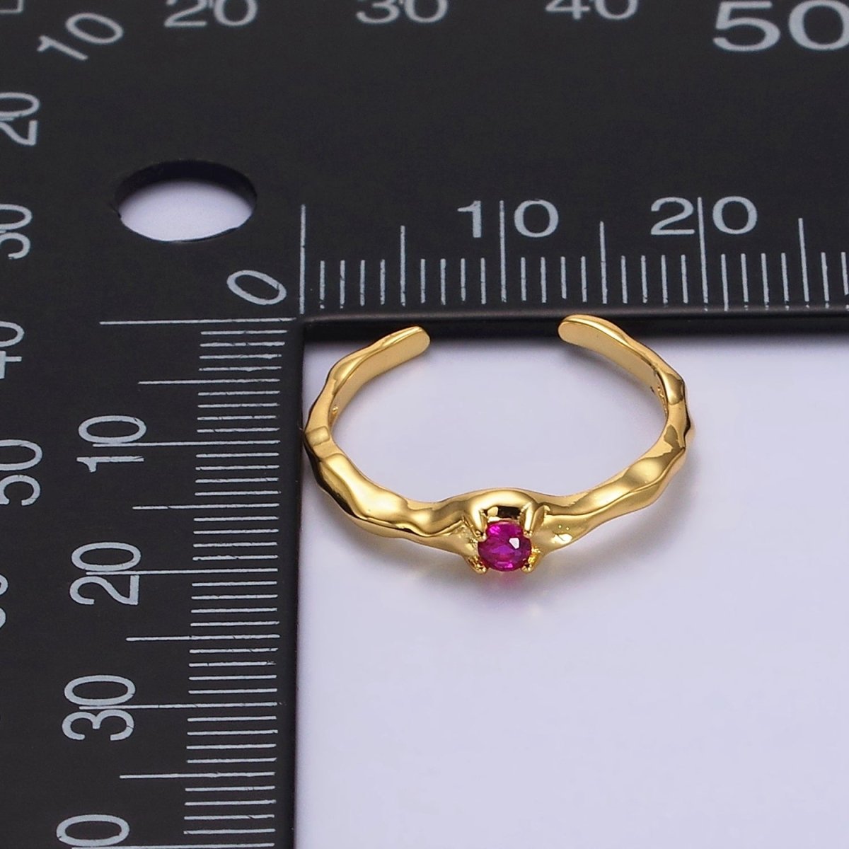 24K Gold Filled Green, Clear, Fuchsia CZ Solitaire Molten Ring in Silver & Gold | O-617 ~ O-622 - DLUXCA