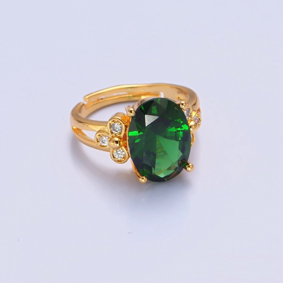 24K Gold Filled Green Jade/Cubic Zirconia Double Band Adjustable Ring, O-2298, O-765 - DLUXCA