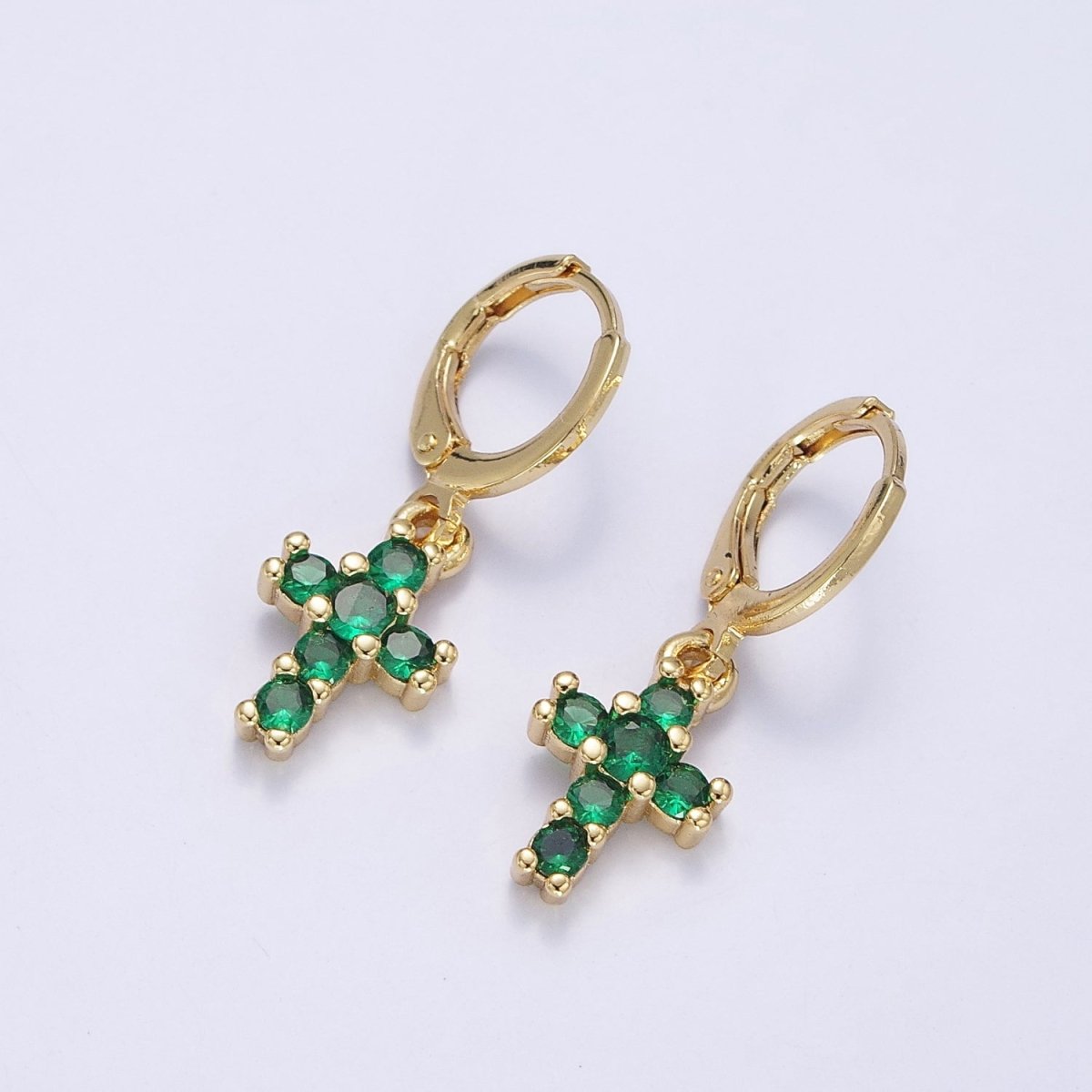 24K Gold Filled Green Micro Paved CZ Drop Huggie Earrings in Gold & Silver | AB621 AB622 - DLUXCA