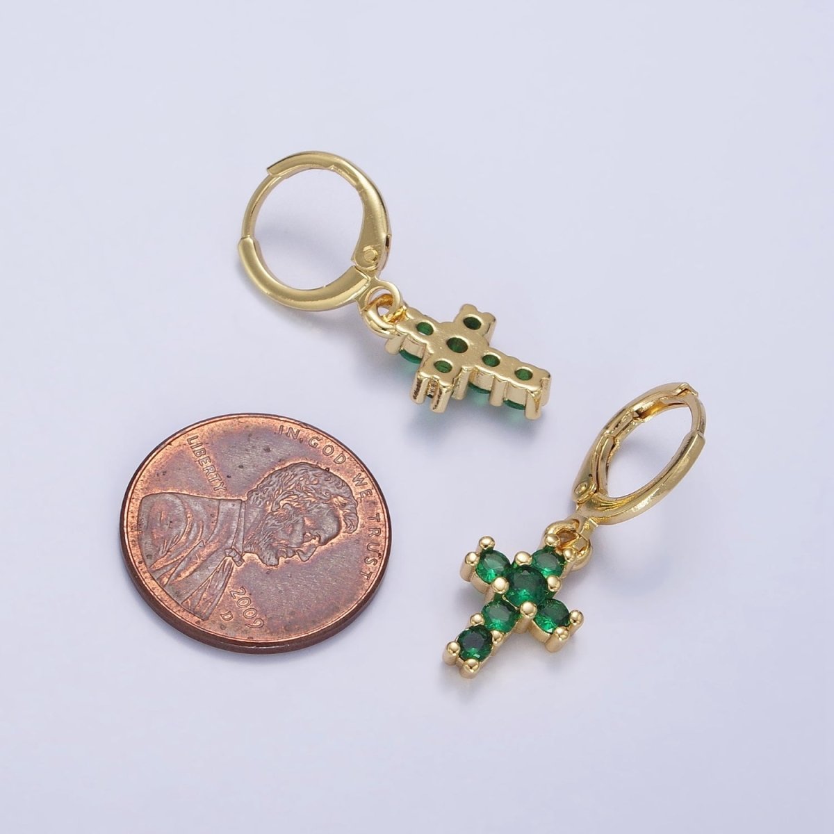 24K Gold Filled Green Micro Paved CZ Drop Huggie Earrings in Gold & Silver | AB621 AB622 - DLUXCA