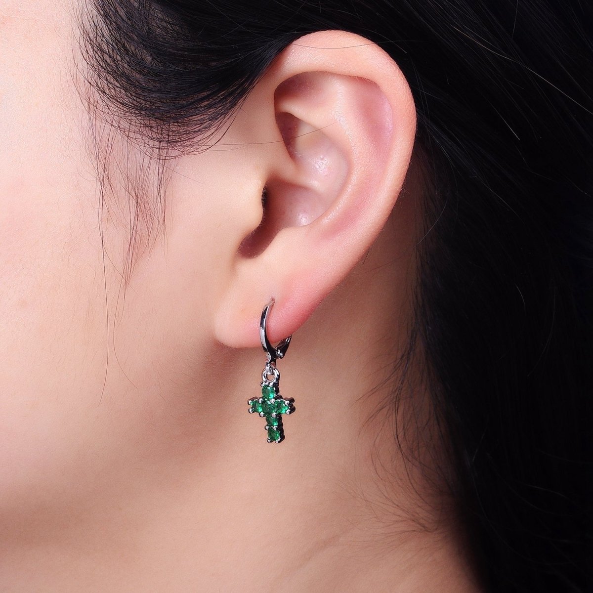 24K Gold Filled Green Micro Paved CZ Drop Huggie Earrings in Gold & Silver | AB621 AB622 - DLUXCA