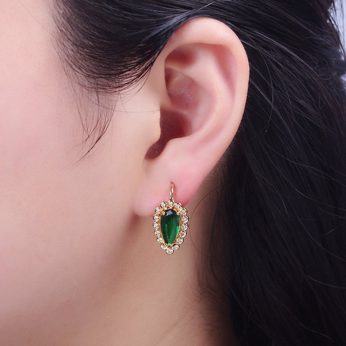 24K Gold Filled Green Teardrop Cubic Zirconia Hook Earrings Q-030 - DLUXCA