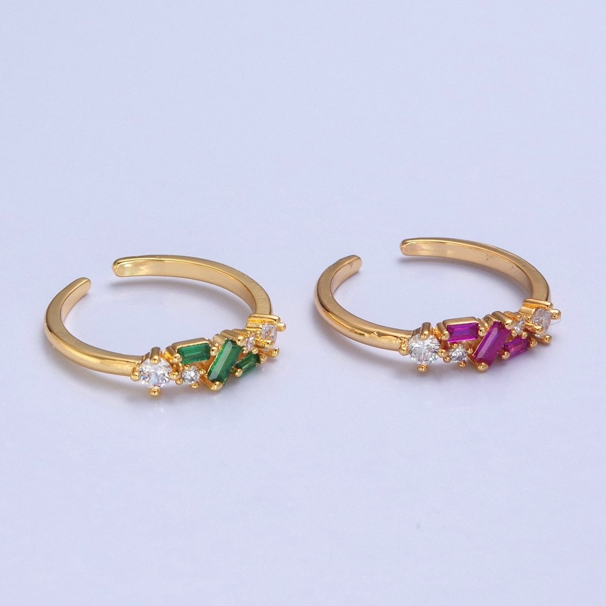24K Gold Filled Green/Fuchsia CZ Promise Ring, Round & Baguette Cubic Zirconia Ring O-2287 O-2288 - DLUXCA