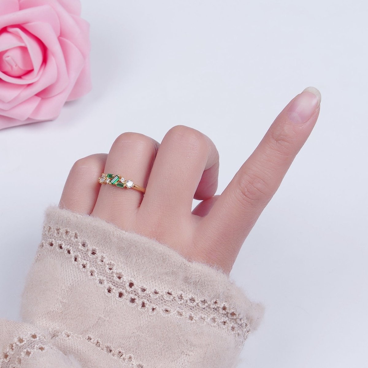 24K Gold Filled Green/Fuchsia CZ Promise Ring, Round & Baguette Cubic Zirconia Ring O-2287 O-2288 - DLUXCA