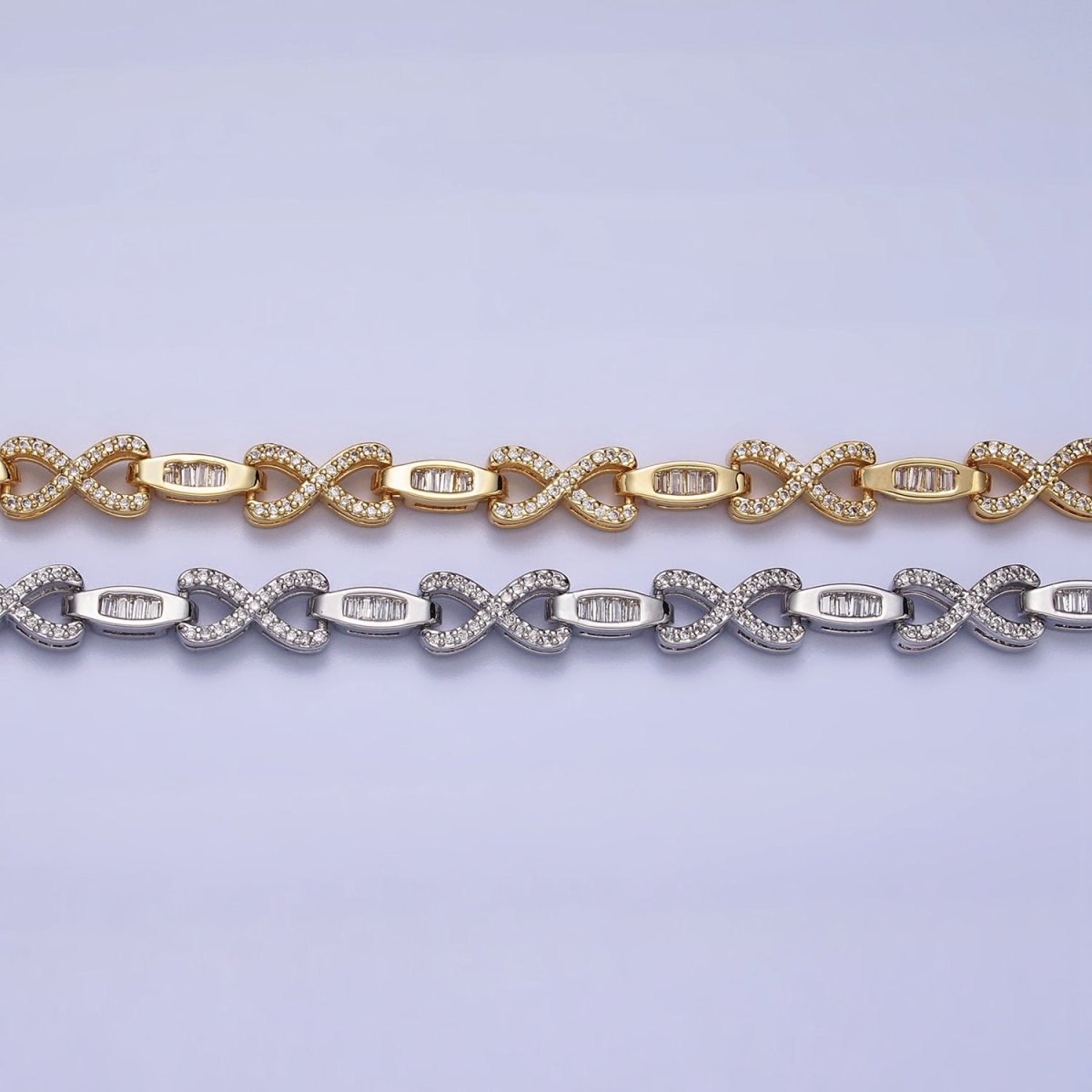 24k Gold Filled Half 6.5mm Designed Figure Eight Baguette Cable Link 17 Inch Necklace in Silver & Gold | WA-1616 WA-1678 Clearance Pricing - DLUXCA