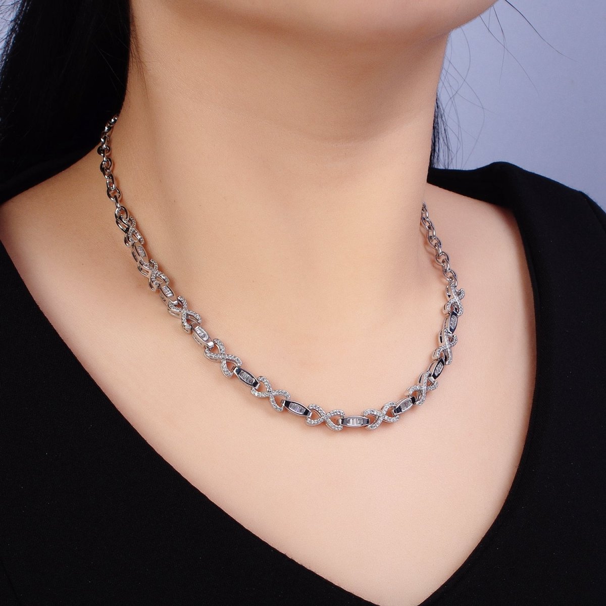 24k Gold Filled Half 6.5mm Designed Figure Eight Baguette Cable Link 17 Inch Necklace in Silver & Gold | WA-1616 WA-1678 Clearance Pricing - DLUXCA