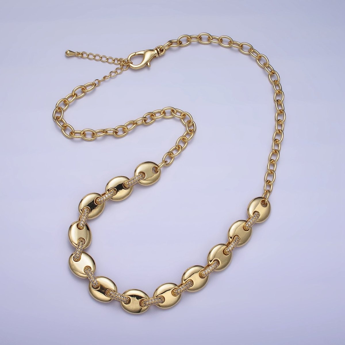 24K Gold Filled Half Anchor Micro Paved CZ Cable Link 17 Inch Chain Necklace | WA-1608 WA-1609 Clearance Pricing - DLUXCA