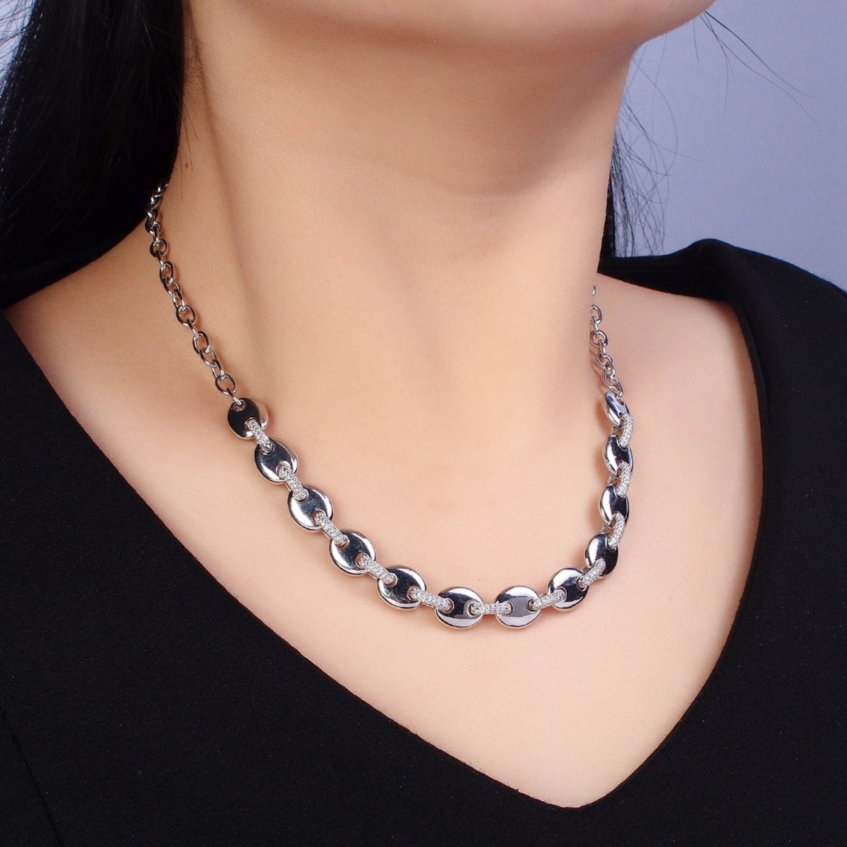 24K Gold Filled Half Anchor Micro Paved CZ Cable Link 17 Inch Chain Necklace | WA-1608 WA-1609 Clearance Pricing - DLUXCA