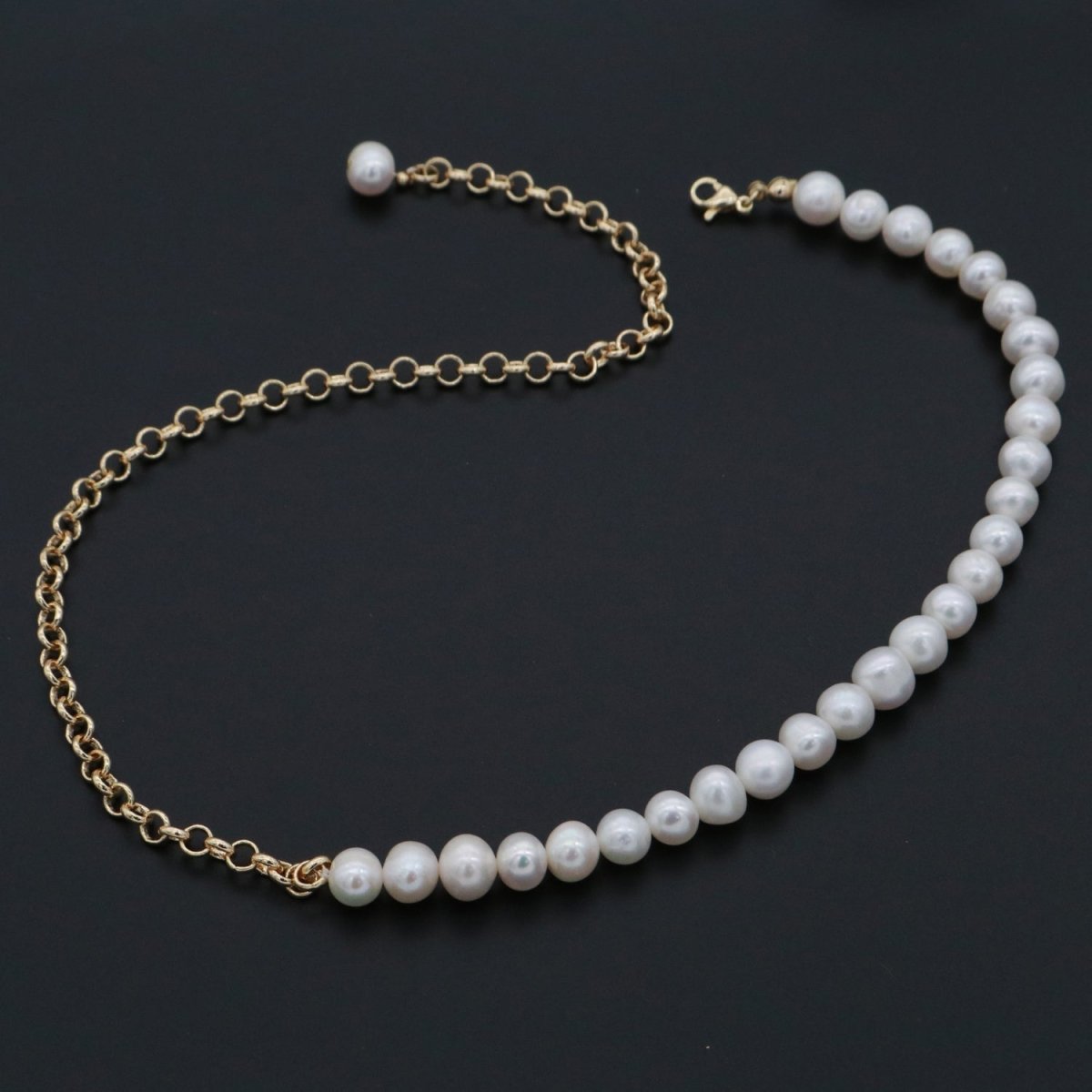 24K Gold Filled Half Round Freshwater Pearl Half Round Rolo 18.5 Inch Layering Chain | WA-268 Clearance Pricing - DLUXCA