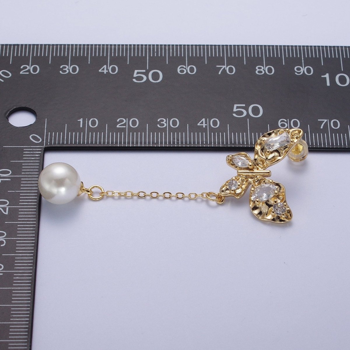 24K Gold Filled Hammered Butterfly Clear Cubic Zirconia Wings Pearl Charm Dangle Drop Stud Earrings | Y-034 - DLUXCA