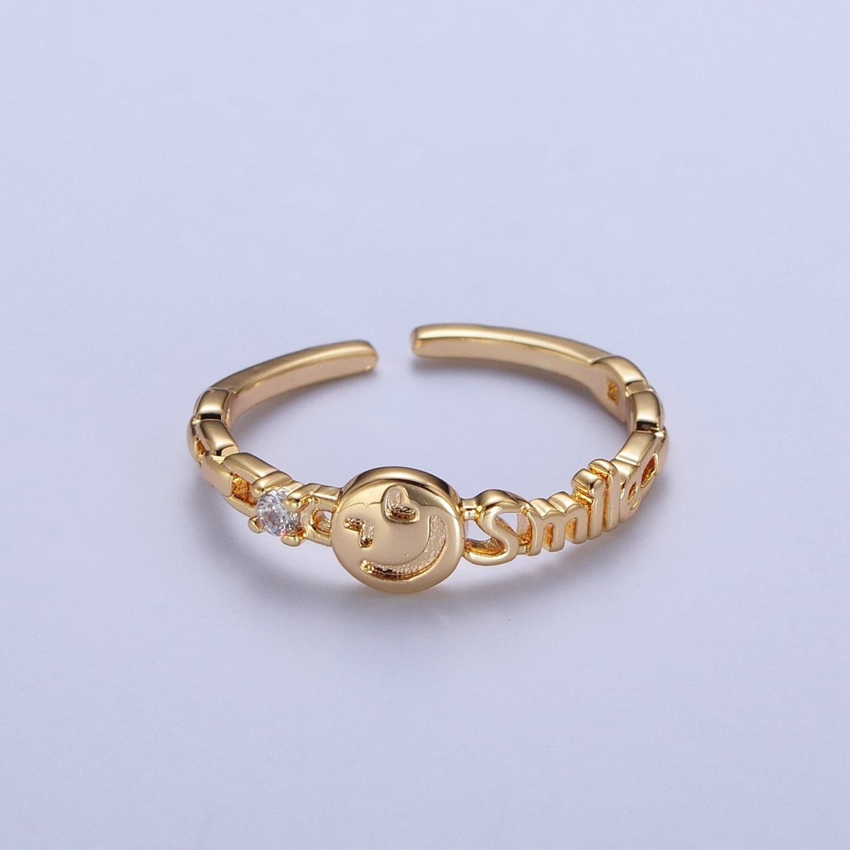 24K Gold Filled Happy Face & Smile Script with Cubic Zirconia Adjustable Gold Ring | X-580 - DLUXCA