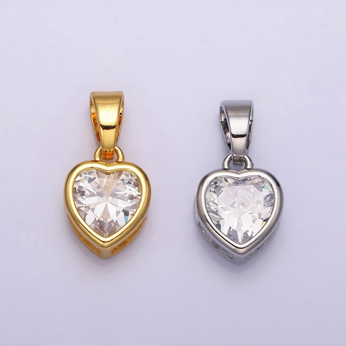 24K Gold Filled Heart Clear CZ Bezel Mini Pendant in Gold & Silver | AA445 AA446 - DLUXCA