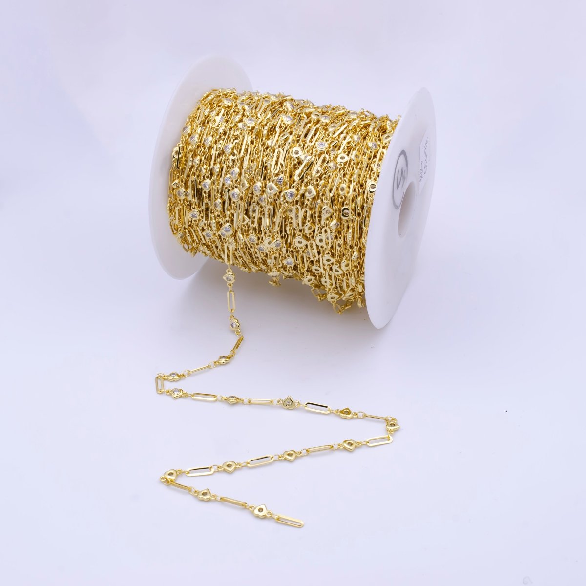 24k Gold Filled Heart CZ Satellites Chain by Yard Wholesale Gold Station Chain CZ Bezel Cut Chain for Jewelry Making | ROLL-787 Clearance Pricing - DLUXCA