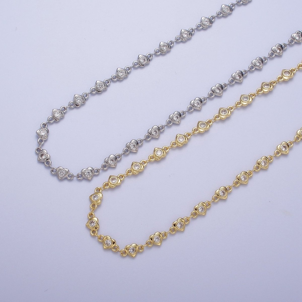 24K Gold Filled Heart Love Cubic Zirconia CZ Link Unfinished Roll Chain | ROLL-869 ROLL-870 Clearance Pricing - DLUXCA