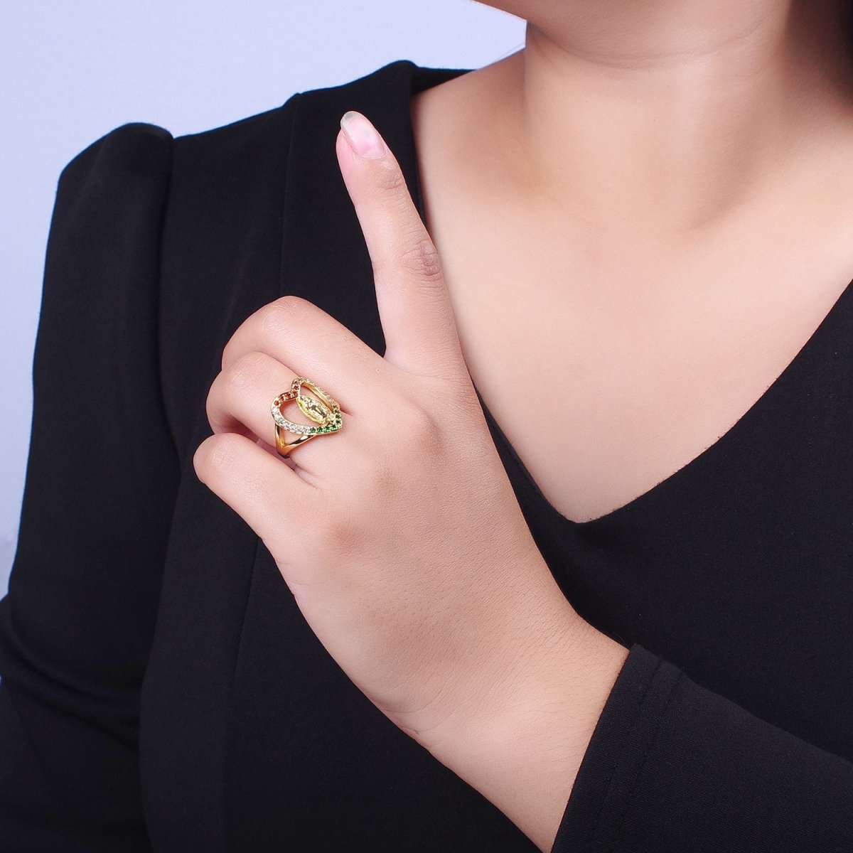 24K Gold Filled Heart Micro Paved Multicolor Religious Virgin Mary Lady Guadalupe Ring | Y-445 - DLUXCA