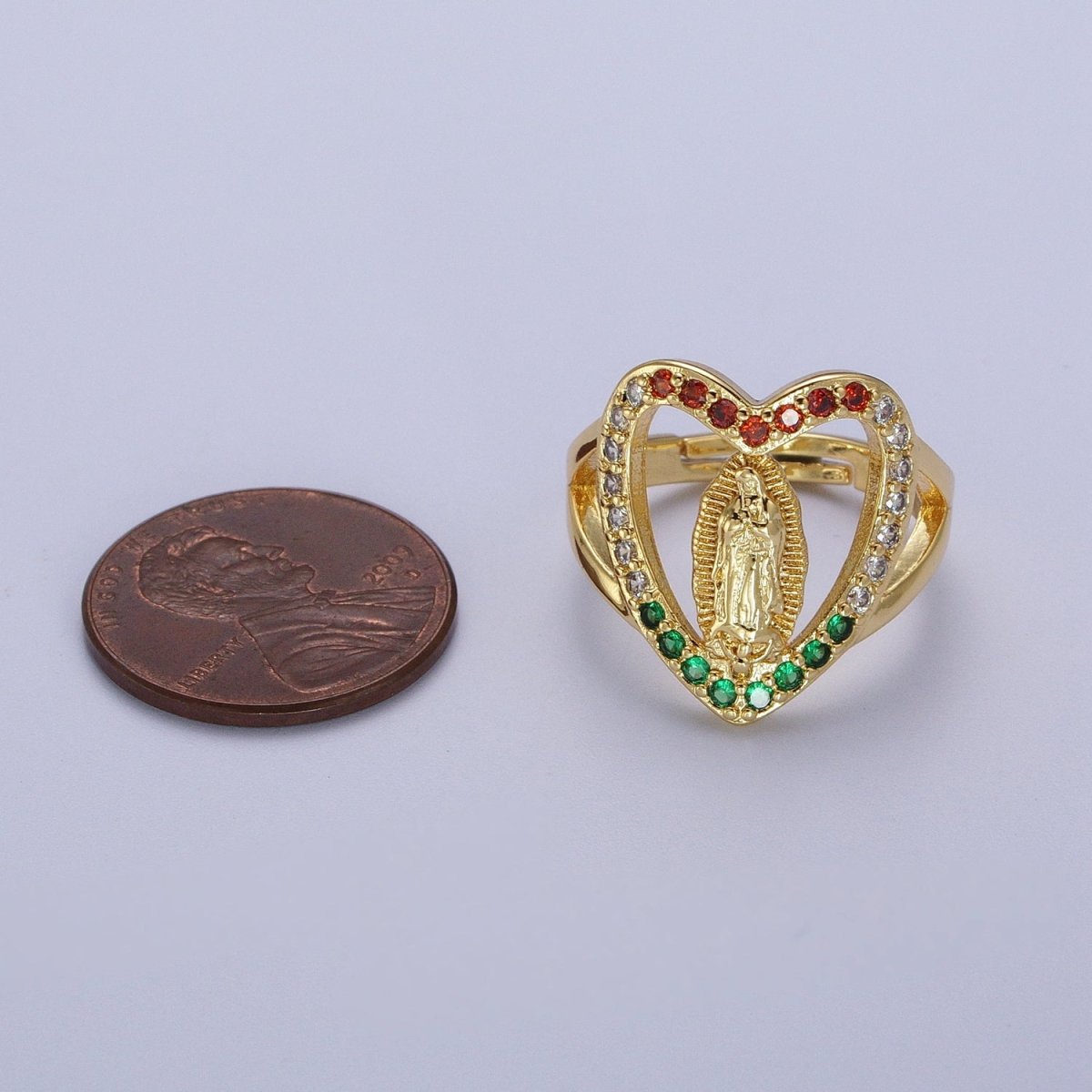 24K Gold Filled Heart Micro Paved Multicolor Religious Virgin Mary Lady Guadalupe Ring | Y-445 - DLUXCA