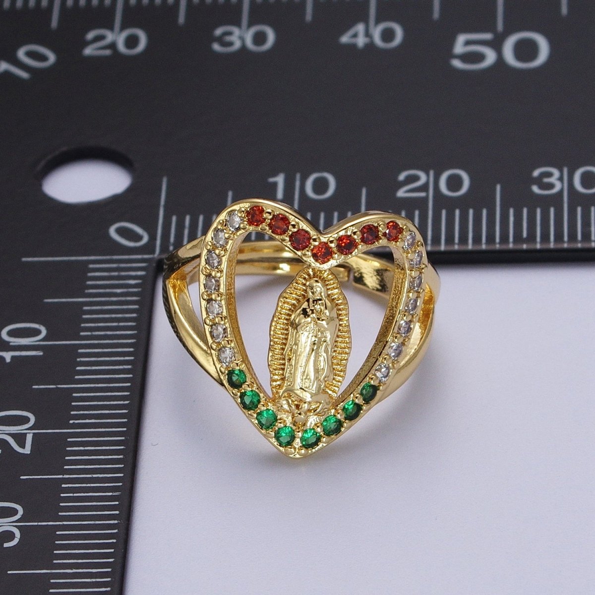 24K Gold Filled Heart Micro Paved Multicolor Religious Virgin Mary Lady Guadalupe Ring | Y-445 - DLUXCA