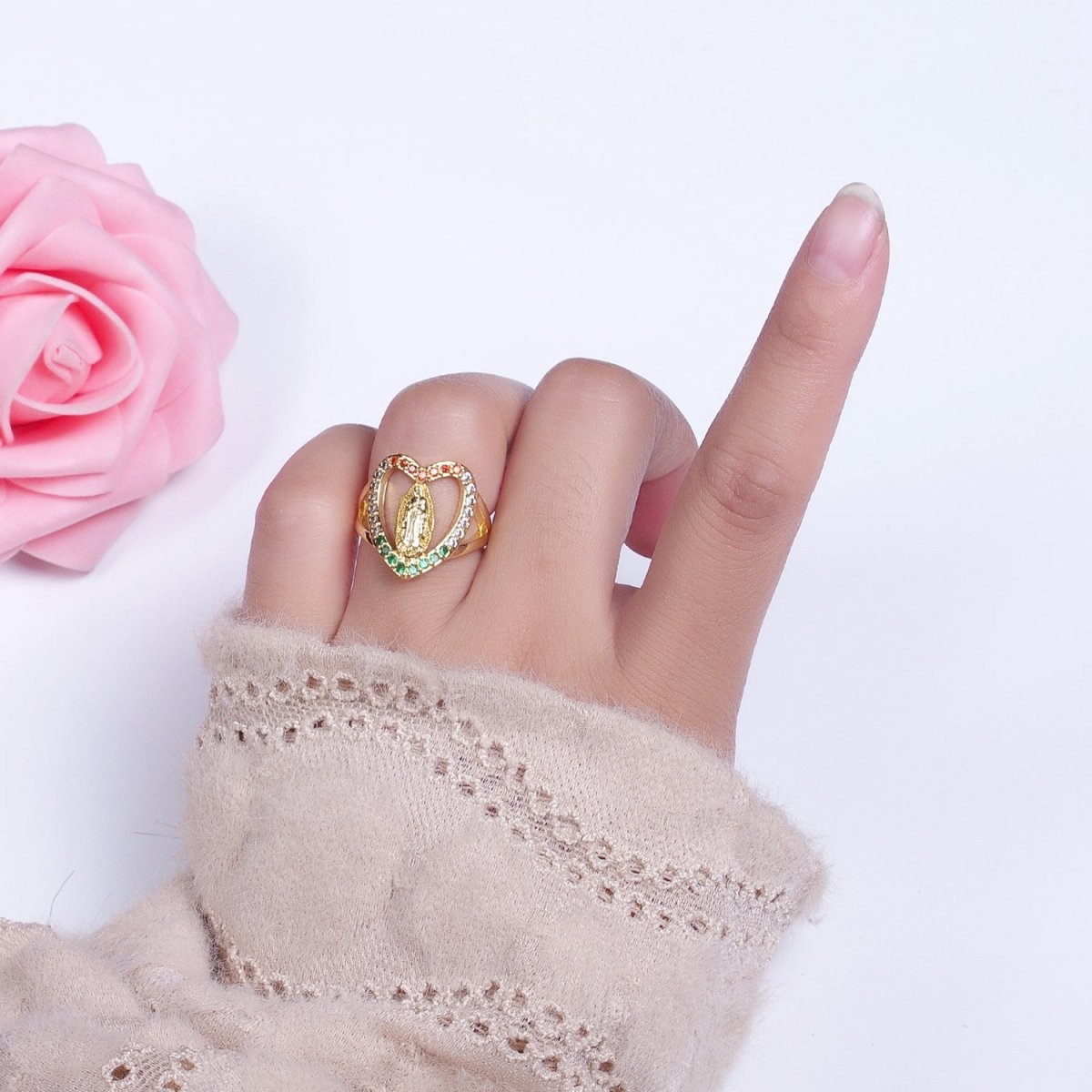 24K Gold Filled Heart Micro Paved Multicolor Religious Virgin Mary Lady Guadalupe Ring | Y-445 - DLUXCA