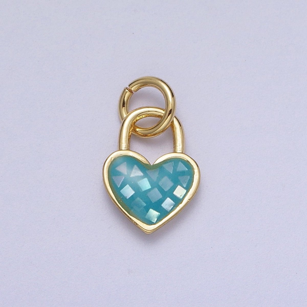 24K Gold Filled Heart Padlock Teal, Green, Pink, Abalone, White Shell Opal Charm E-398 E-455 E-460 E-490 E-509 - DLUXCA