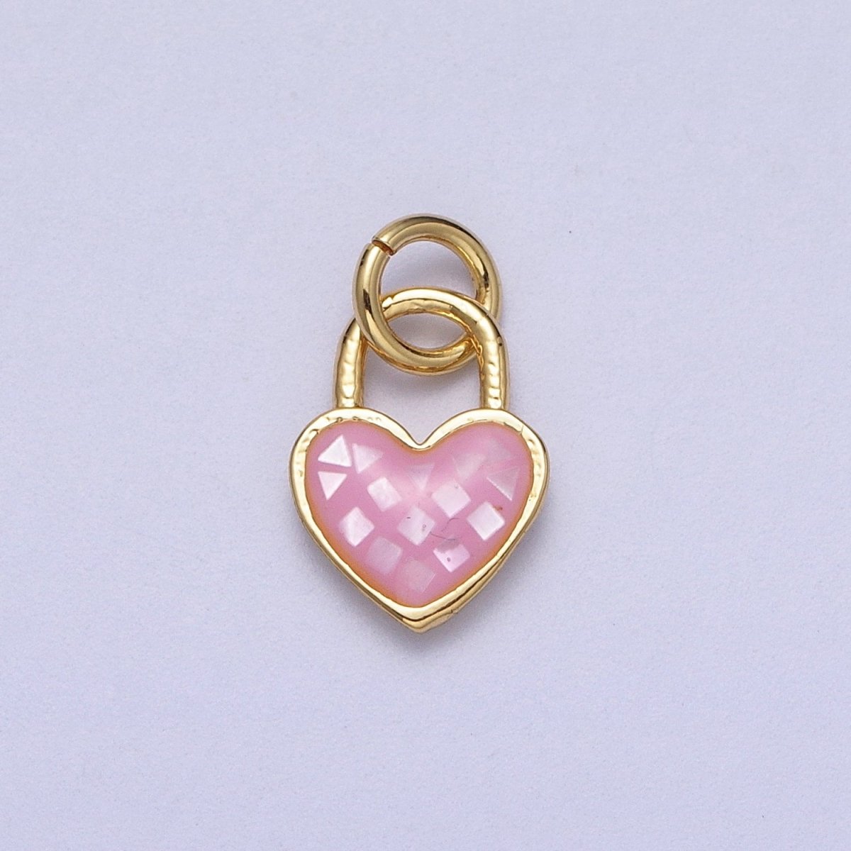 24K Gold Filled Heart Padlock Teal, Green, Pink, Abalone, White Shell Opal Charm E-398 E-455 E-460 E-490 E-509 - DLUXCA