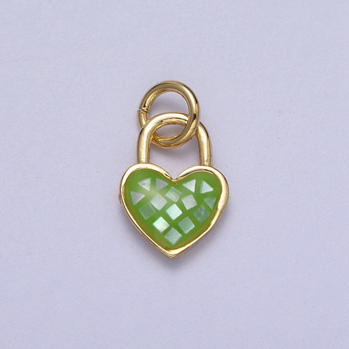 24K Gold Filled Heart Padlock Teal, Green, Pink, Abalone, White Shell Opal Charm E-398 E-455 E-460 E-490 E-509 - DLUXCA