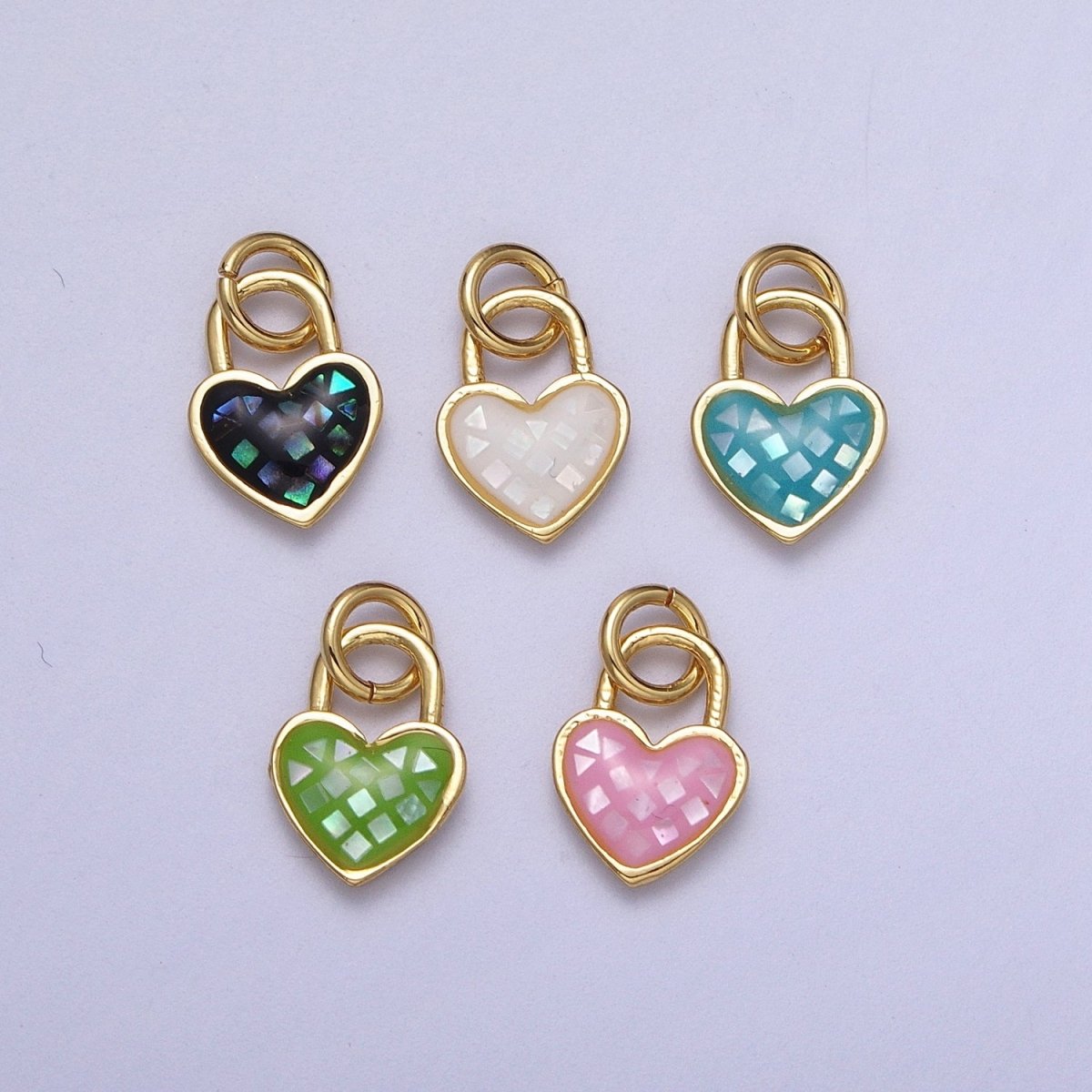 24K Gold Filled Heart Padlock Teal, Green, Pink, Abalone, White Shell Opal Charm E-398 E-455 E-460 E-490 E-509 - DLUXCA