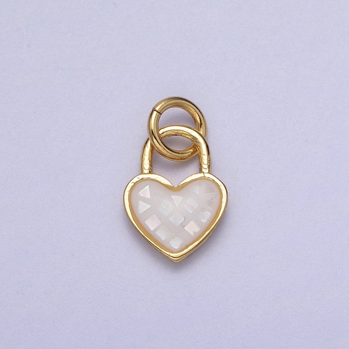 24K Gold Filled Heart Padlock Teal, Green, Pink, Abalone, White Shell Opal Charm E-398 E-455 E-460 E-490 E-509 - DLUXCA