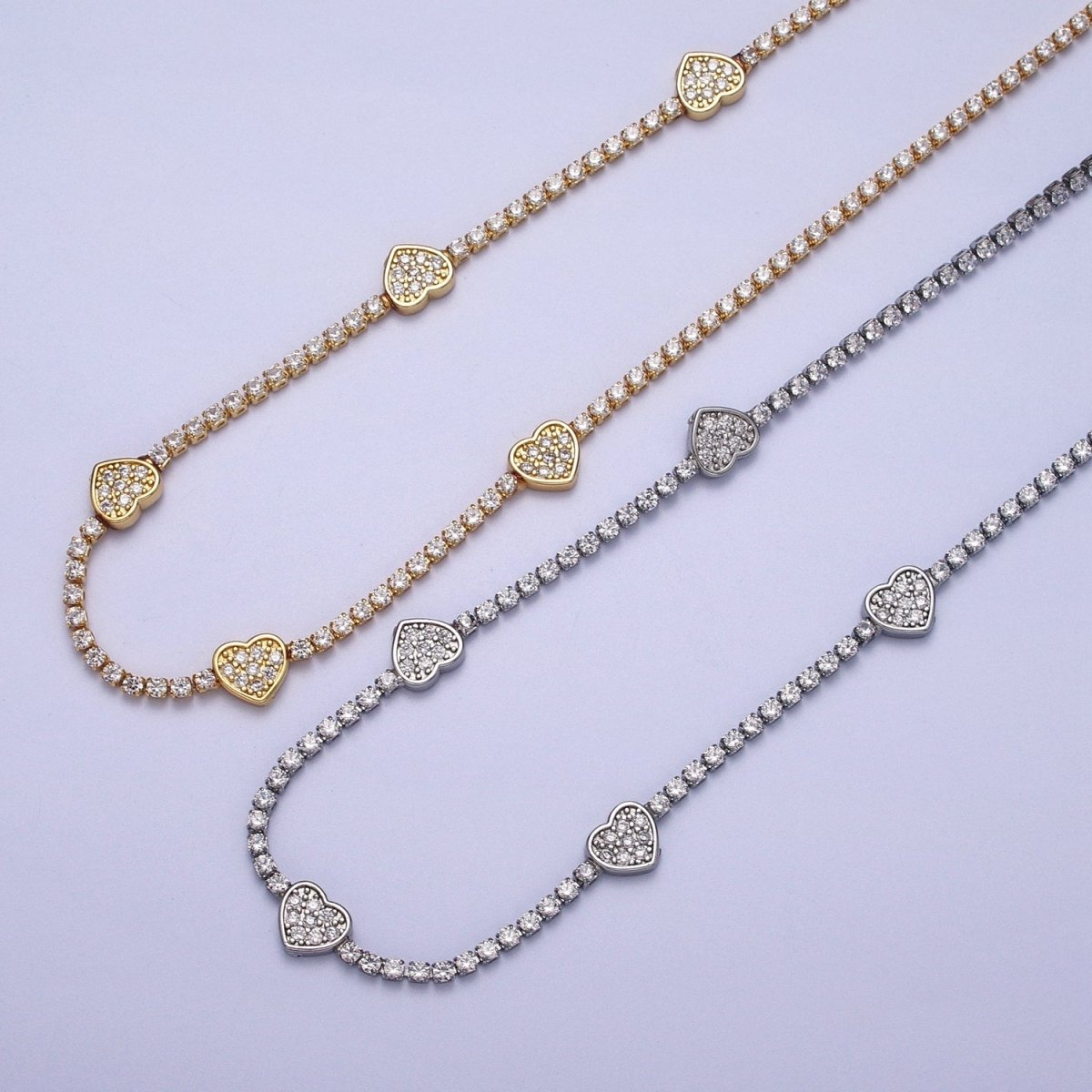 24k Gold Filled Heart Tennis Chain 14 Inch Choker Necklace in Gold & Silver | WA-1307 WA-1308 Clearance Pricing - DLUXCA