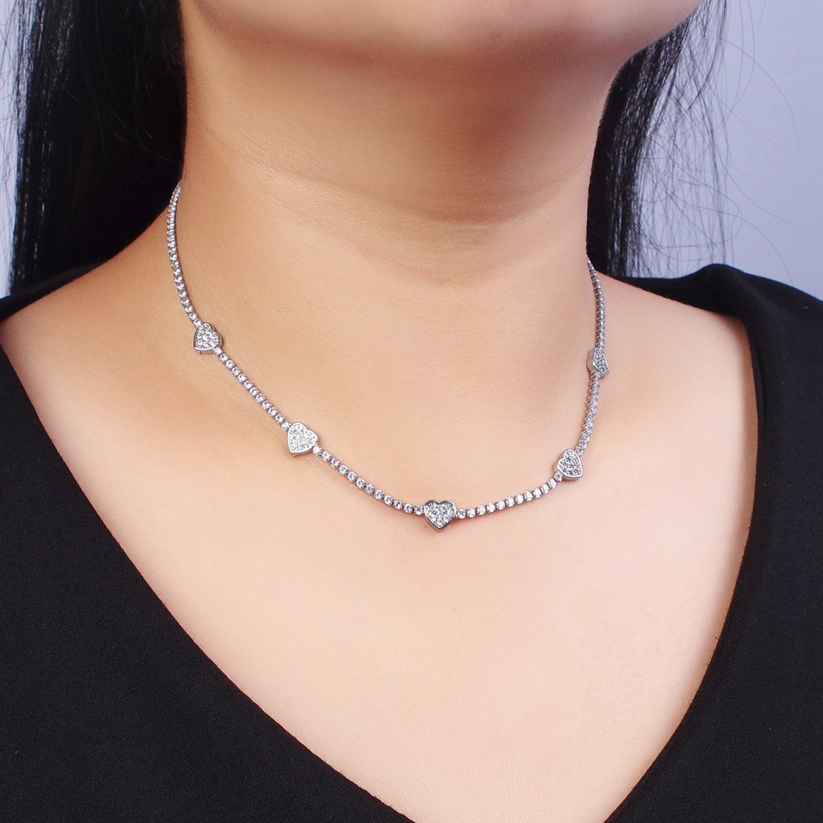 24k Gold Filled Heart Tennis Chain 14 Inch Choker Necklace in Gold & Silver | WA-1307 WA-1308 Clearance Pricing - DLUXCA